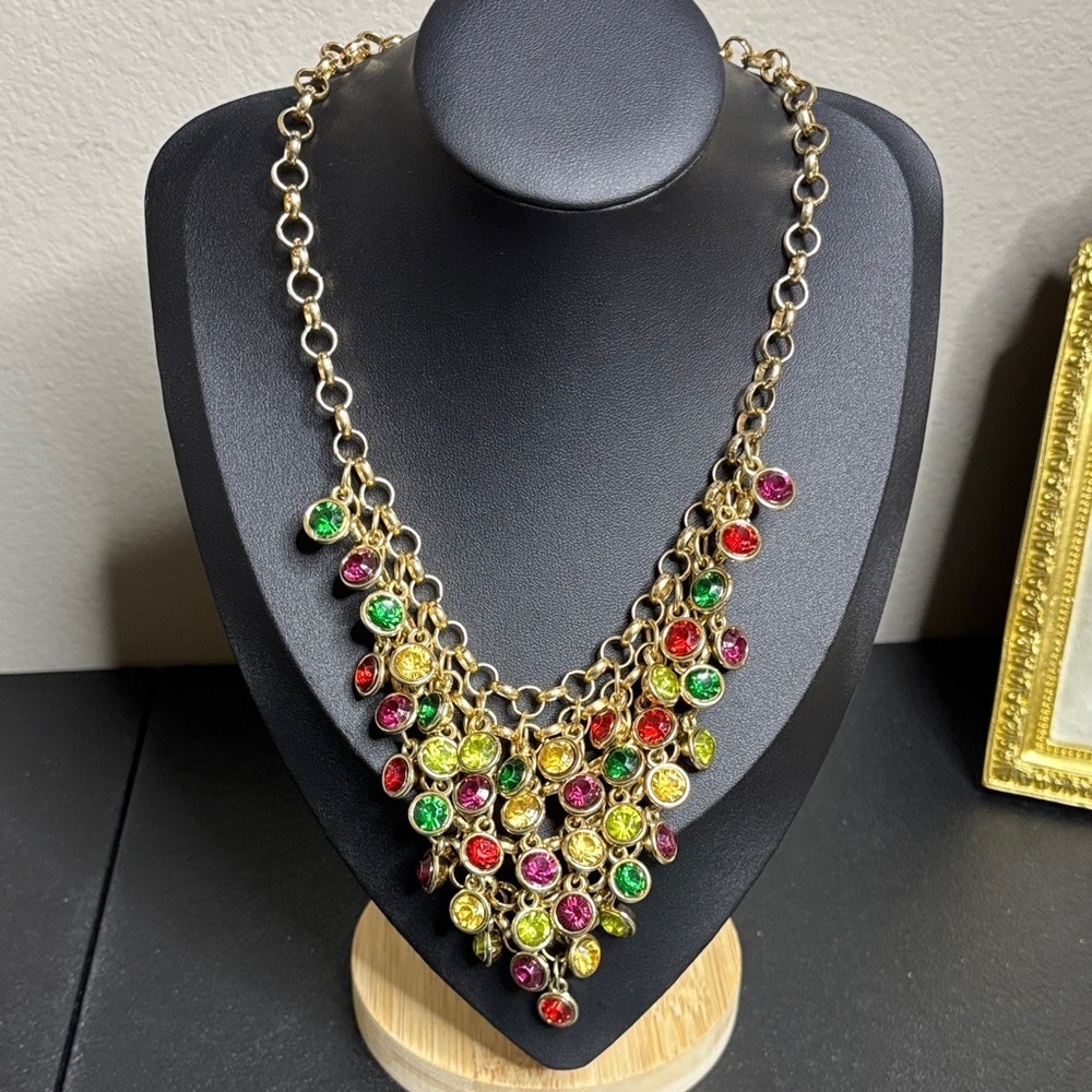 Cha Cha Colorful Charms Chain Holiday Necklace Statement Gold Tone